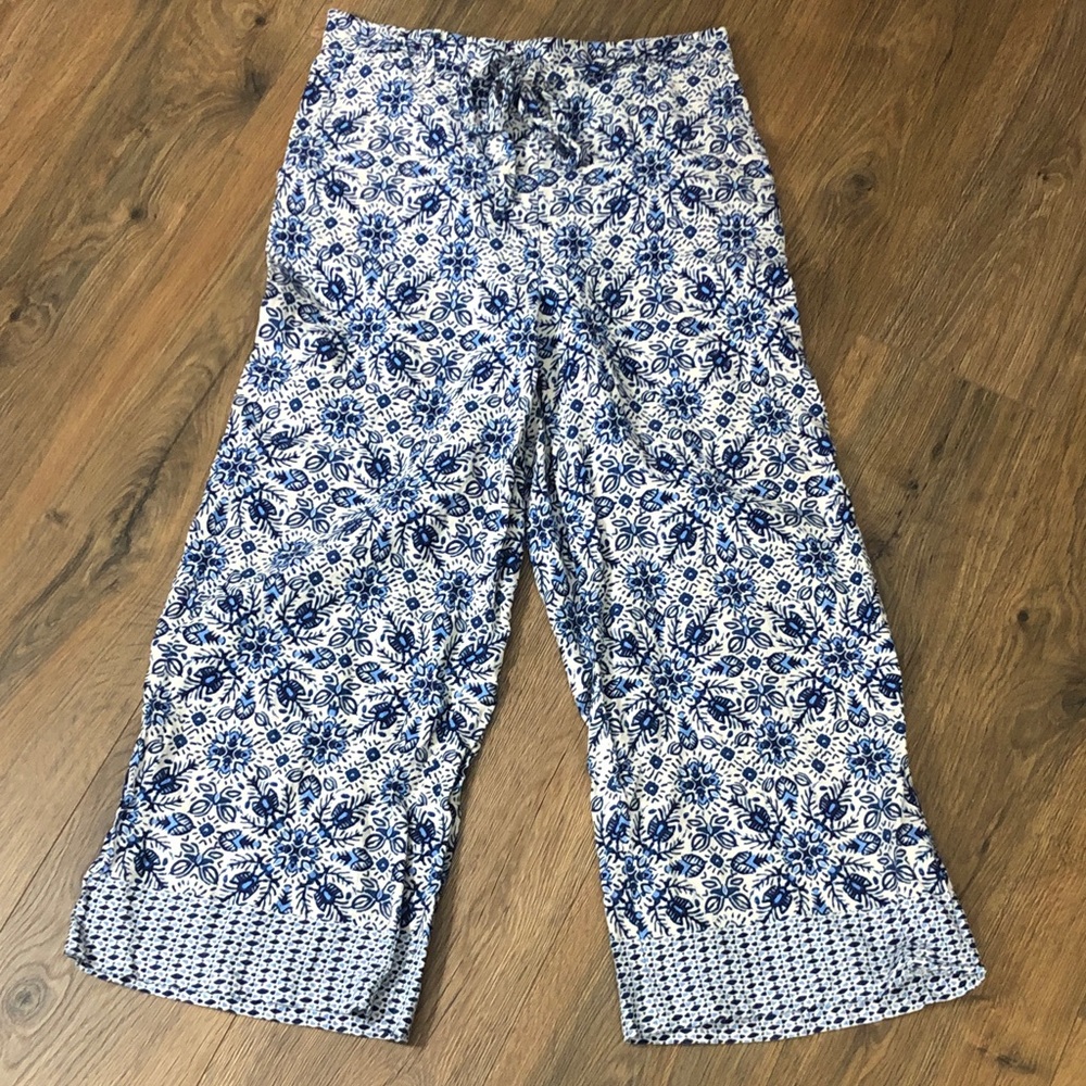 JOIE wide-leg LINEN CAPRIS Stretch Waist w/Tie POCKETS EUC